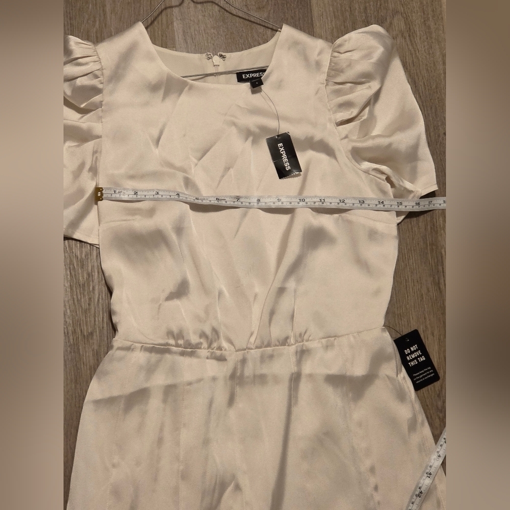 Express satin puff sleeve ruffle mini dress in a cream color. - Picture 7 of 9